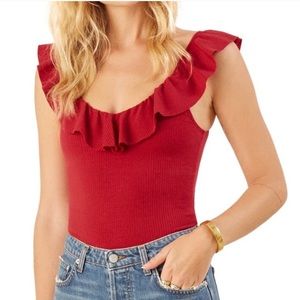 Reformation ribbed knit Roxanna ruffle top red S